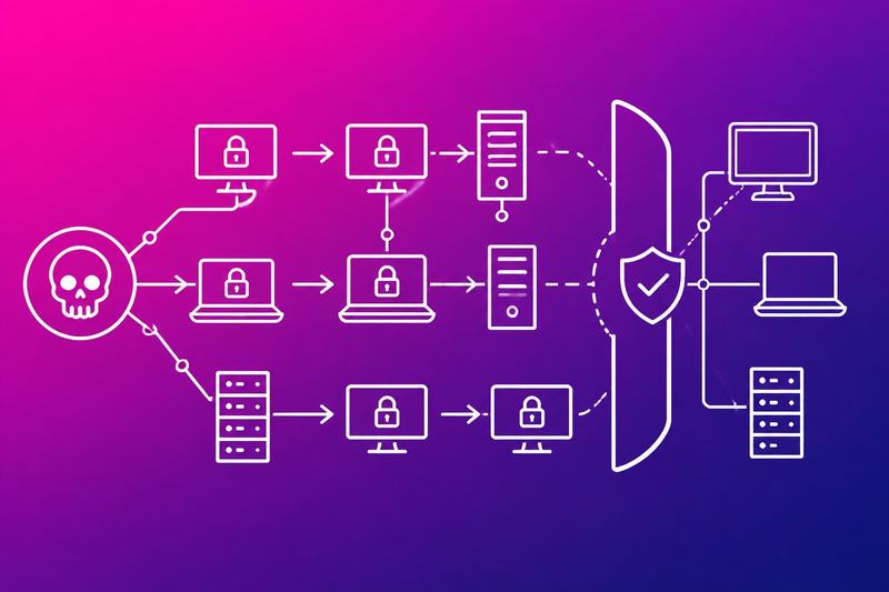 A network diagram shows ransomware spreading through connected computers and servers before defensive barriers isolate the affected systems.