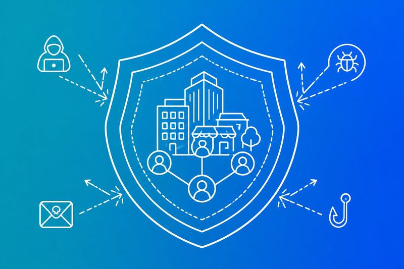 A business network protected by layered cybersecurity defenses while digital threats are blocked around its perimeter.