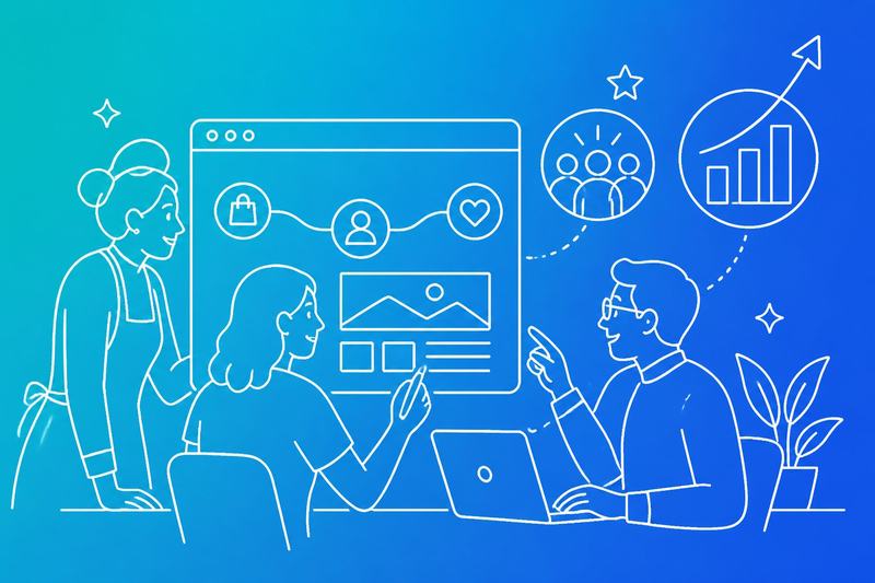 A small-business owner and two designers review a website journey showing easy navigation, satisfied customers, and business growth.