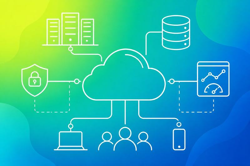 A central cloud platform connects data center servers, storage, security systems, monitoring tools, and users through organized network pathways.