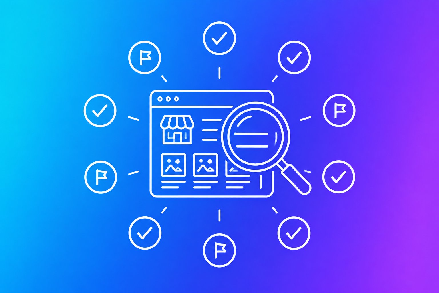 Line illustration of a small business website under a magnifying glass, ringed by ten checks, some passed and some flagged