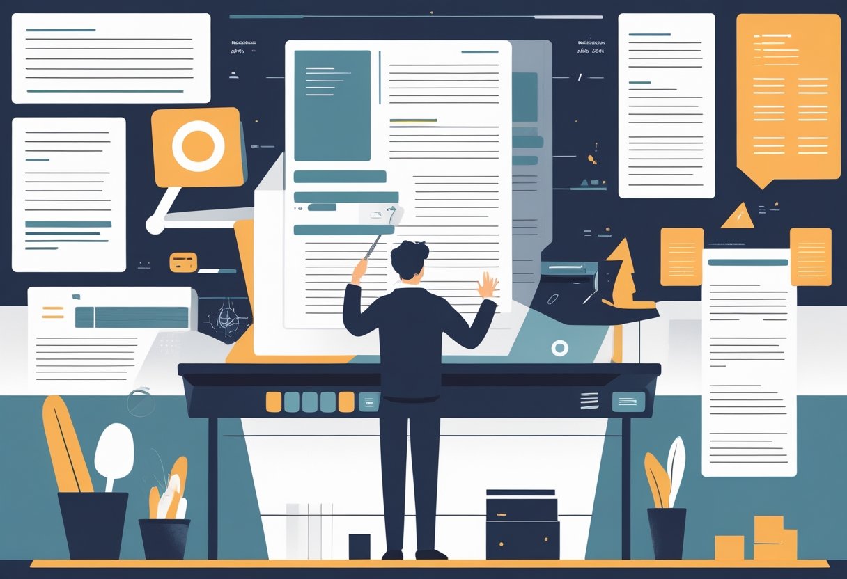 An editor arranges blank cards and visual symbols at a desk while refining a strong headline concept.