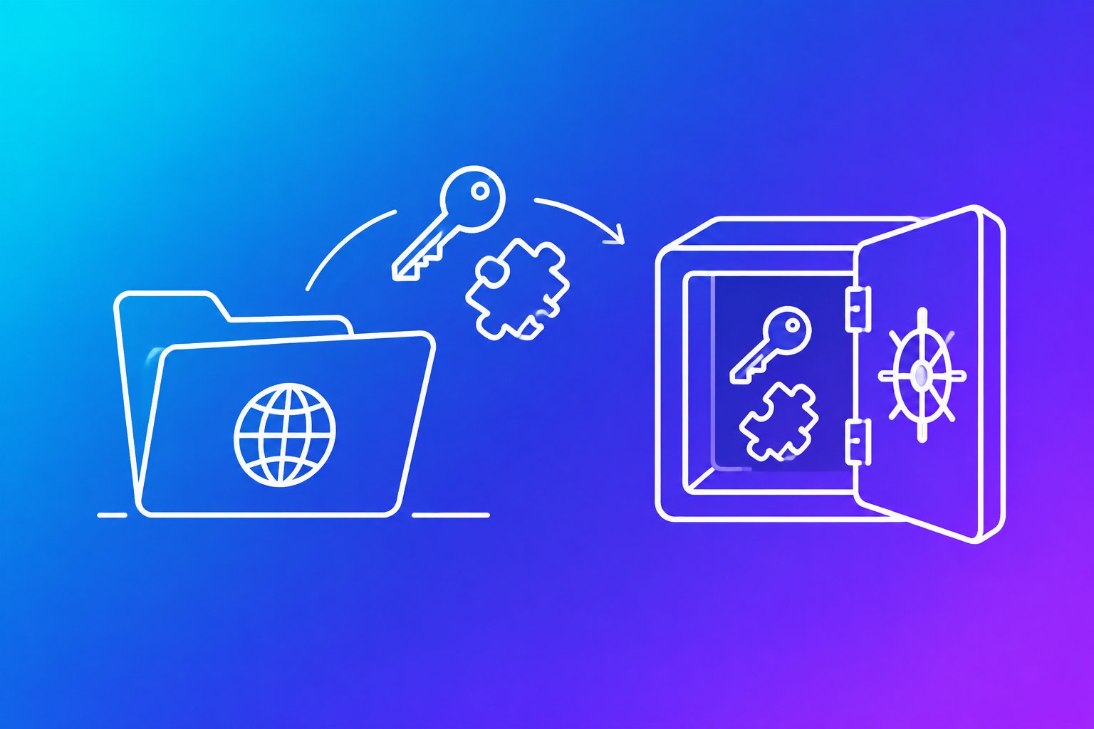 Line illustration of a key and a plugin piece being moved out of a public web folder into a locked safe