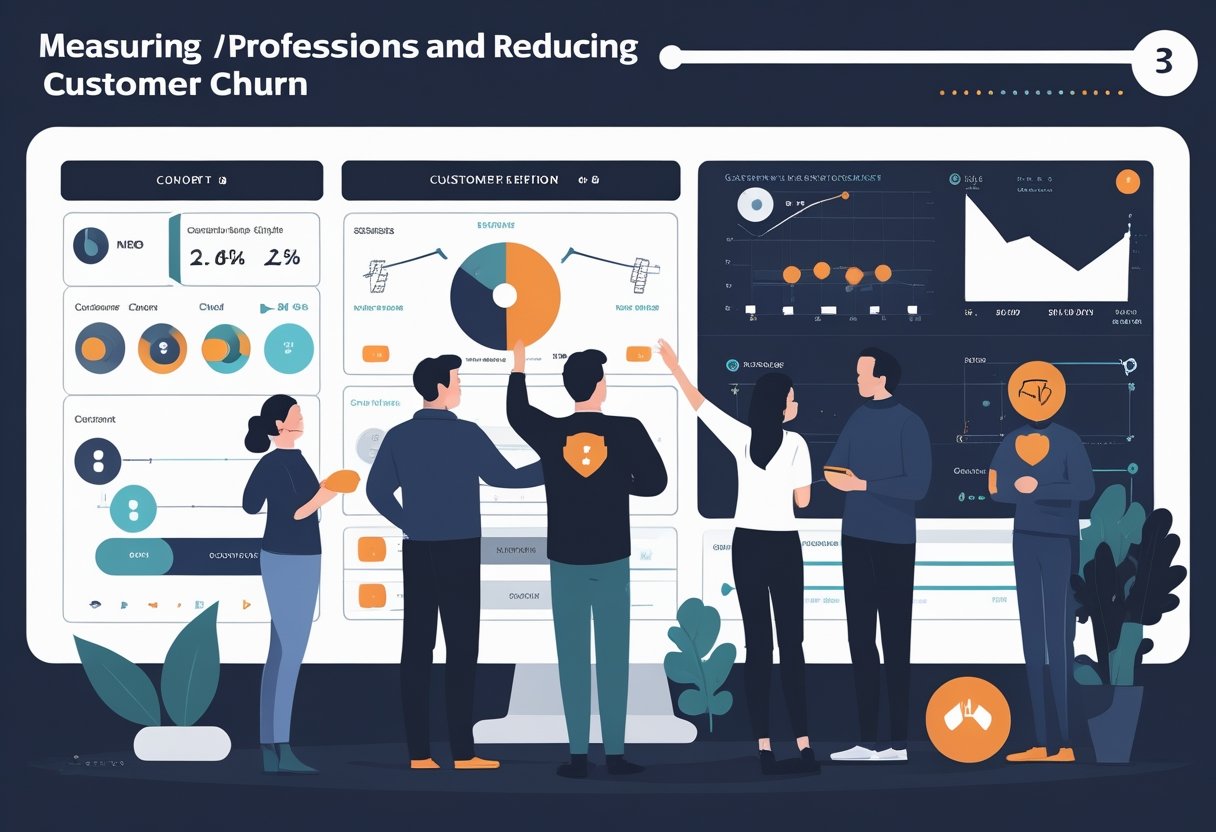 A business team analyzes customer retention data while a customer journey improves from disengagement to loyalty.