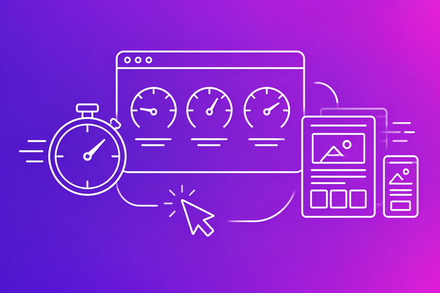 Line illustration of a web page with three speed gauges, a stopwatch, a click cursor and the page on desktop, tablet and phone