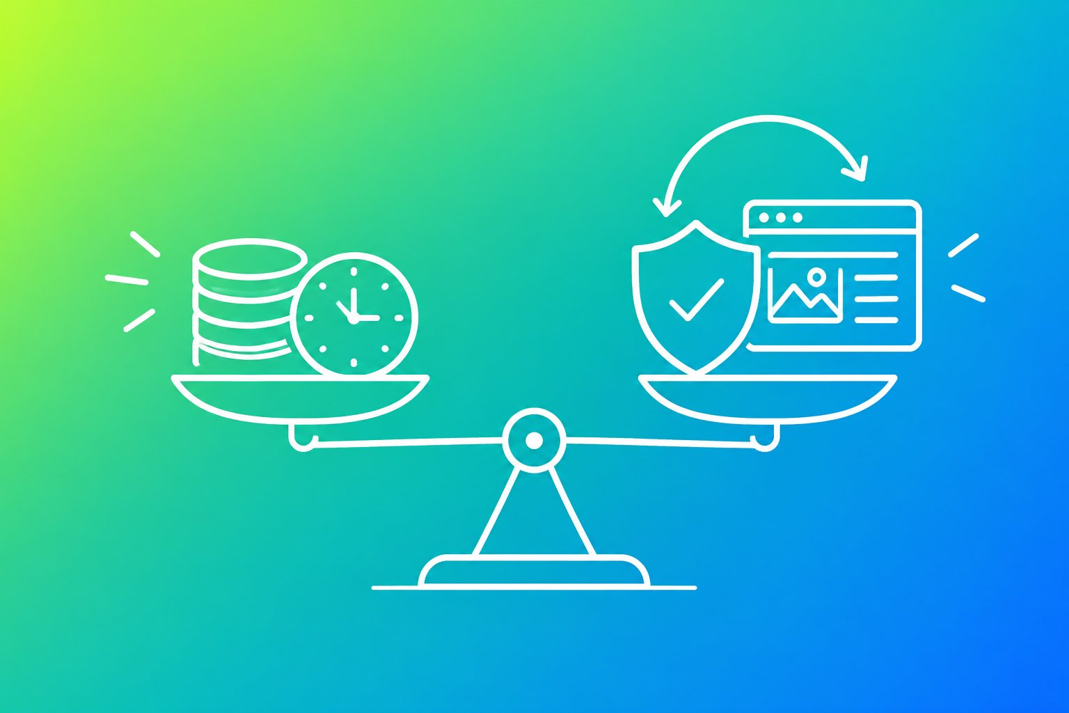 Line illustration of a balance scale weighing coins and time against a protected small business website, with a renewal arrow