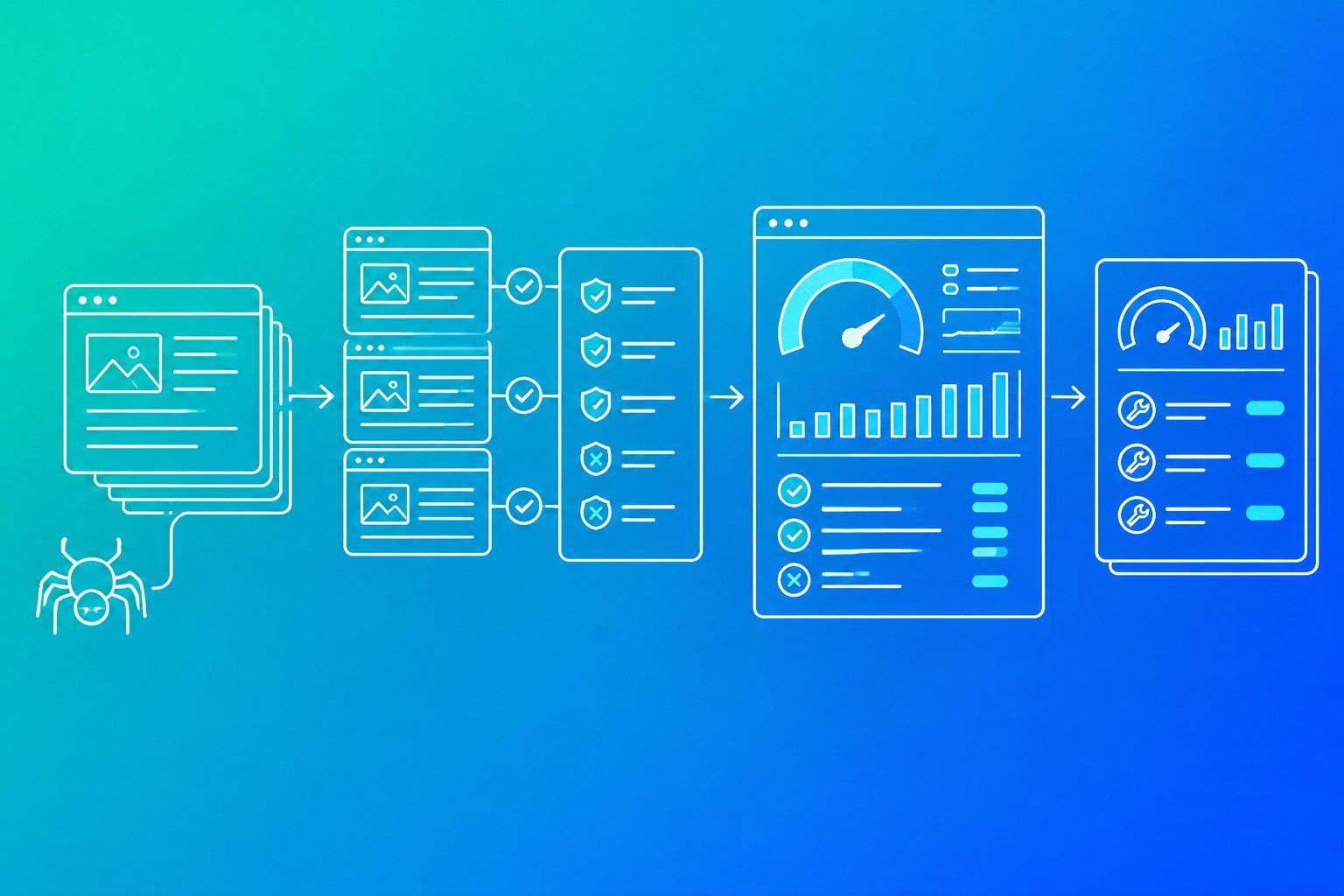 Line-art workflow of a website crawled page by page, checked and turned into a scored monthly report