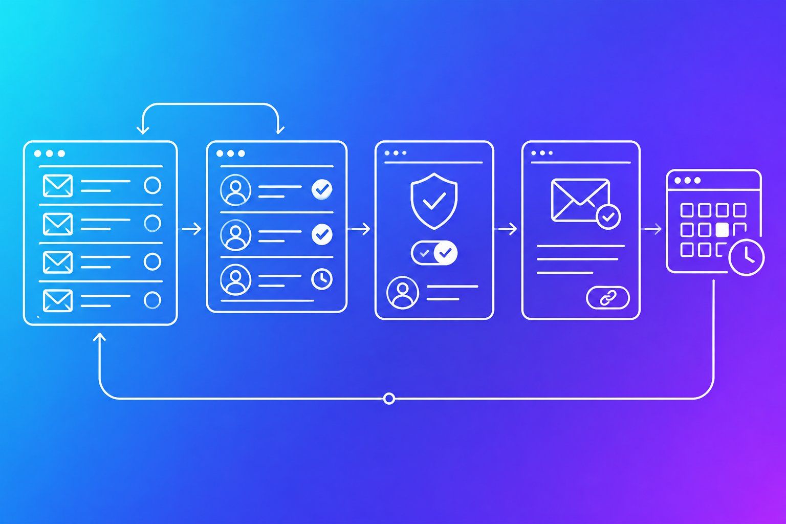 Line-art email workflow where drafts wait for approval, consent is checked and approved mail is sent on schedule