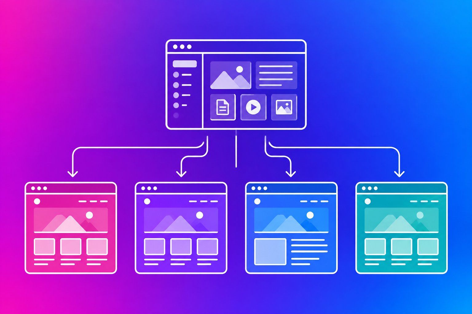 Line-art diagram of one content management system feeding four differently branded websites